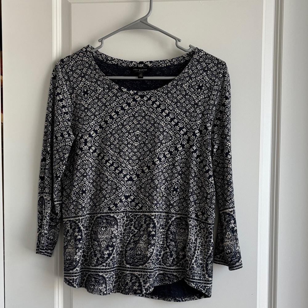 Lucky Brand Navy and White Geometric Long Sleeve Top